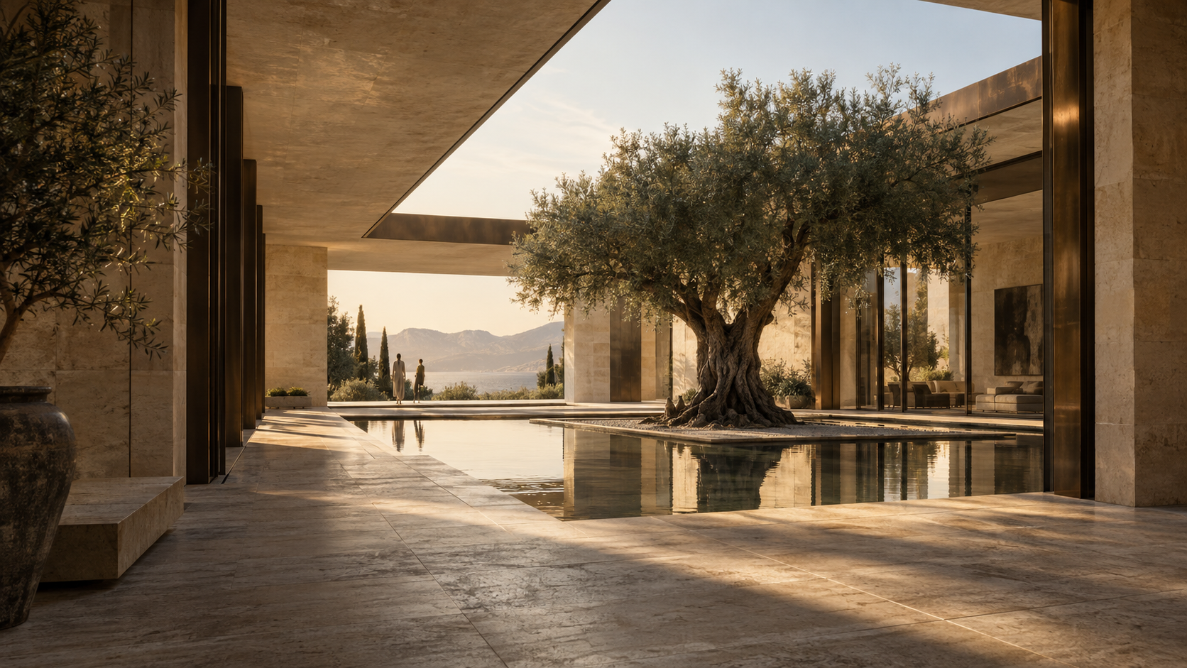 Conceptual contemporary limestone courtyard with glass, water and an olive tree